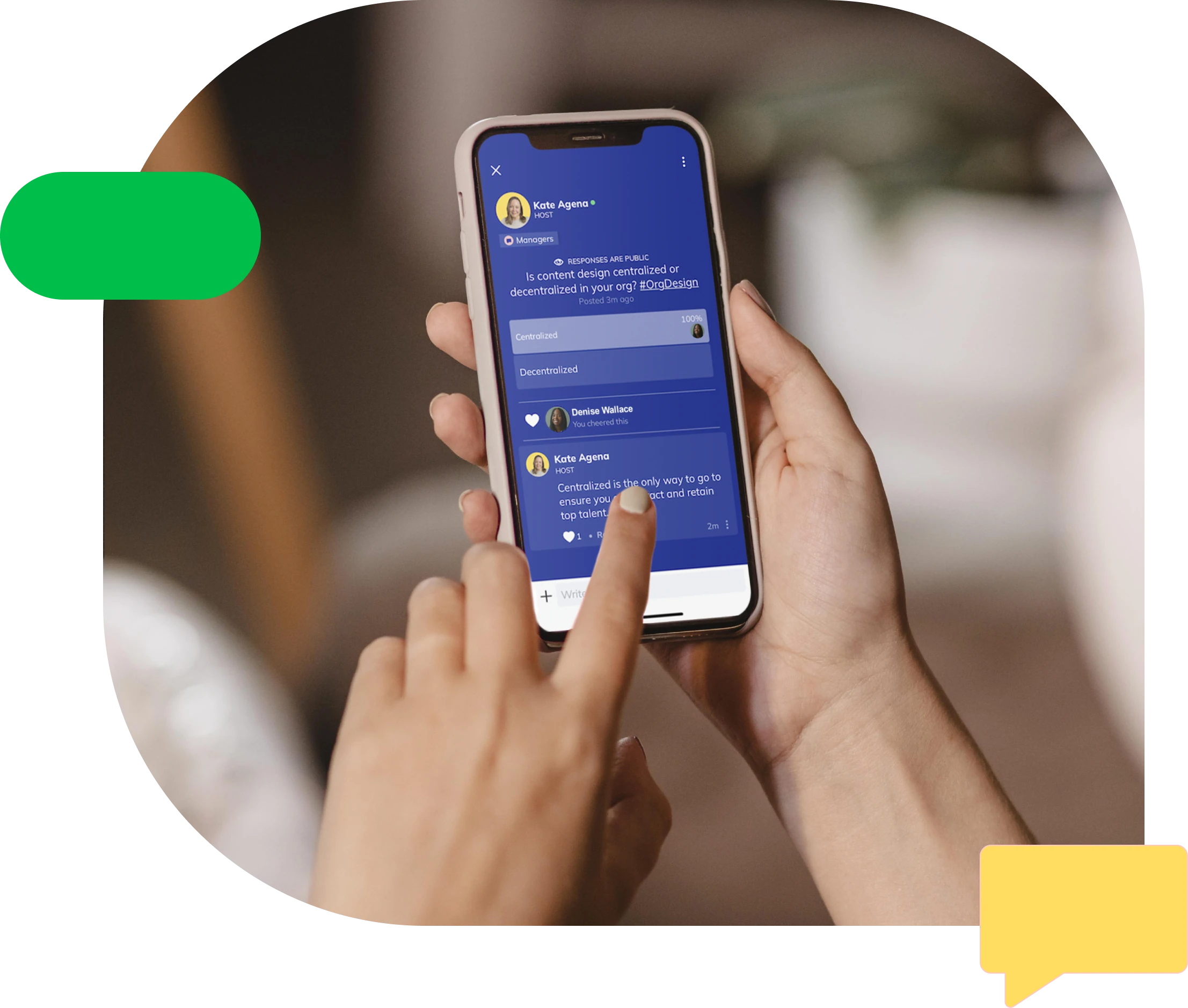 A person holding a phone showing the community app, about to tap a comment