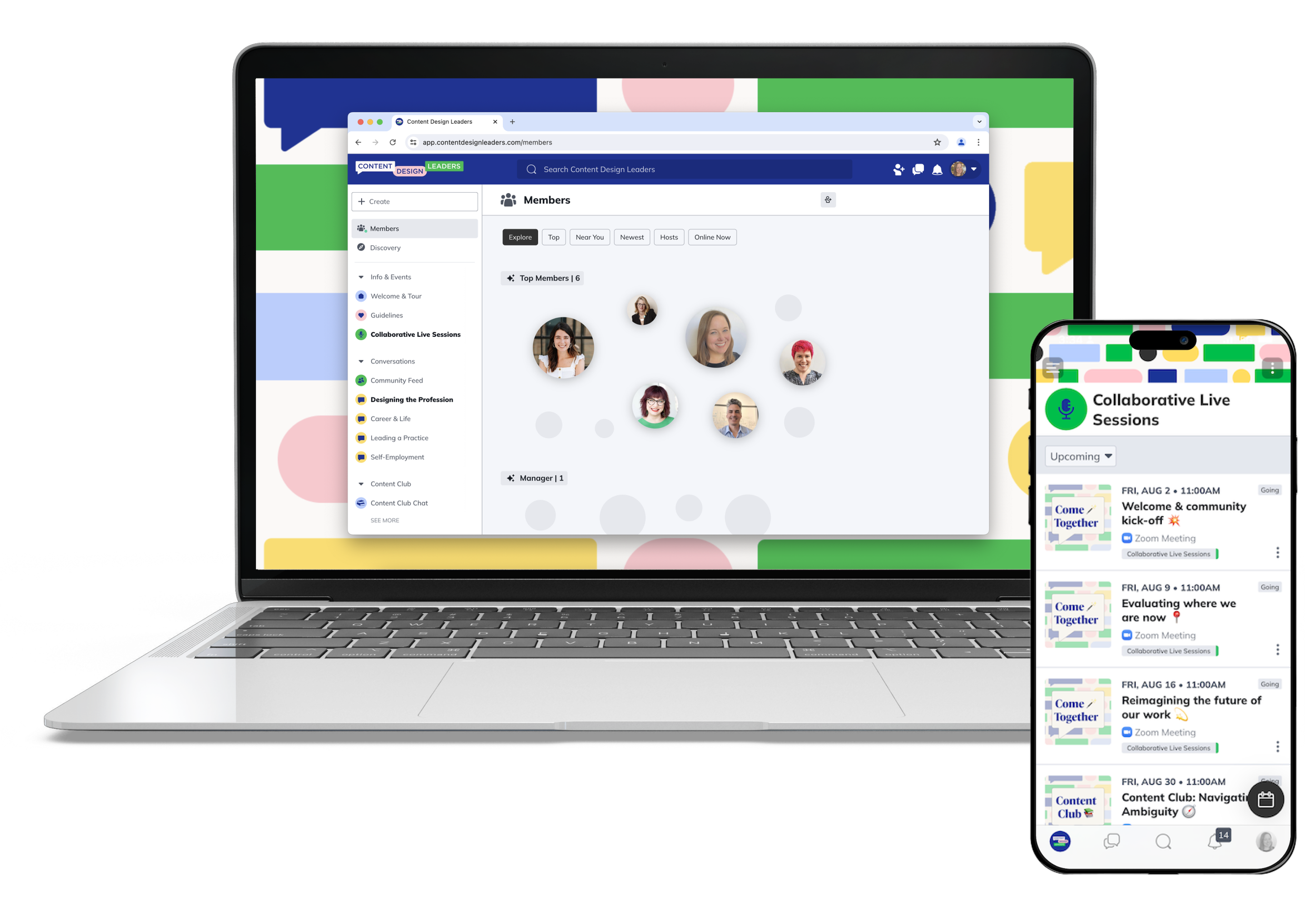 The Content Design Leaders community app shown on a laptop and phone