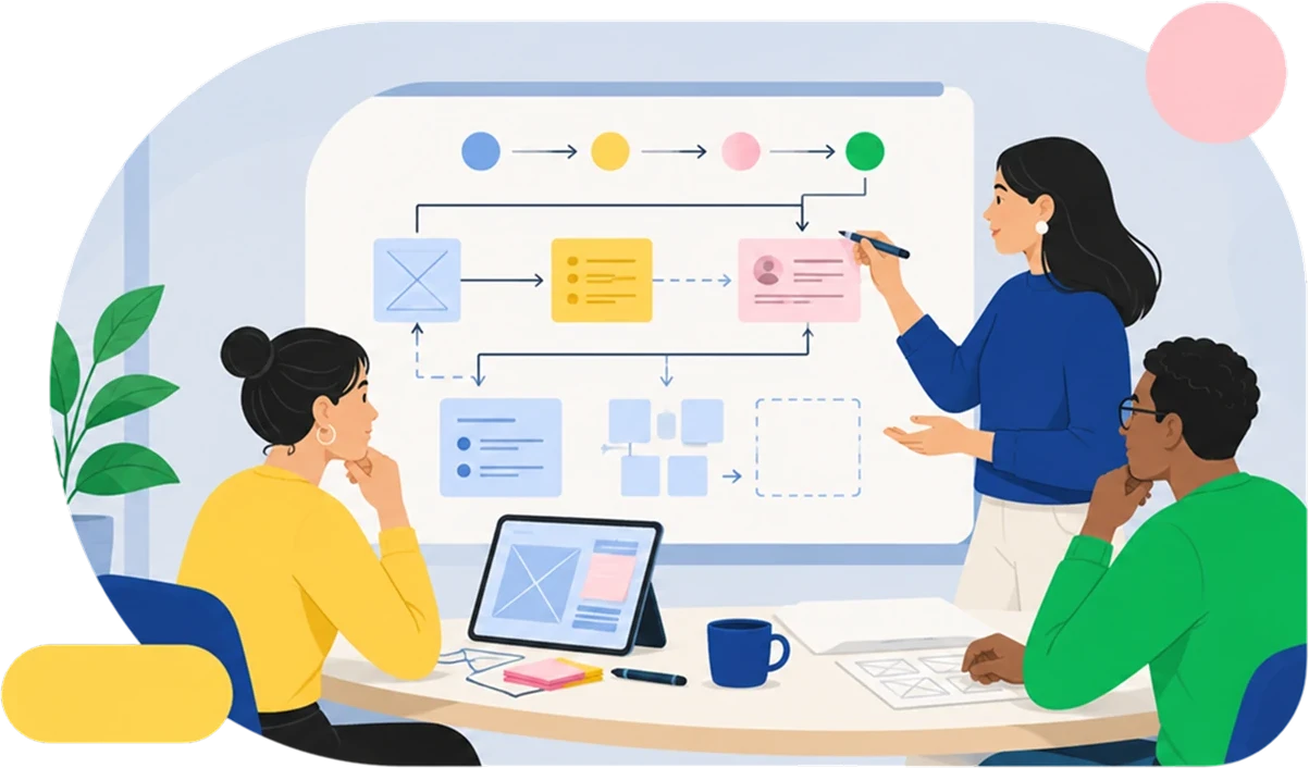 Three people in a working session, mapping a flow of connected screens and ideas on a whiteboard
